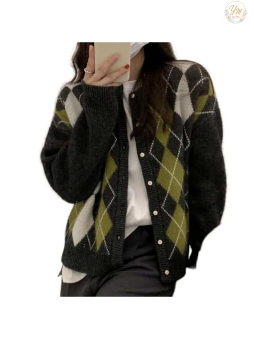 Women's Chunky Knit Argyle Plaid Cardigan Preppy Y2K Grandpa Sweater